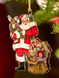 Vermont Country Store Gold Finished Santa with Toys Ornament in Gift Box